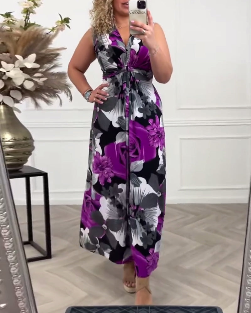 Floral Print Sleeveless Pleated Elegant Dress