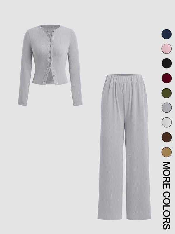 Women's Solid Button Front Ribbed Crop Top & Elastic Waist Pants