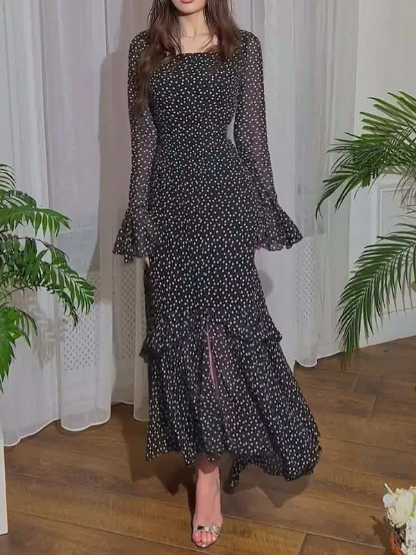Stylish Polka Dot Lotus Sleeves Dress