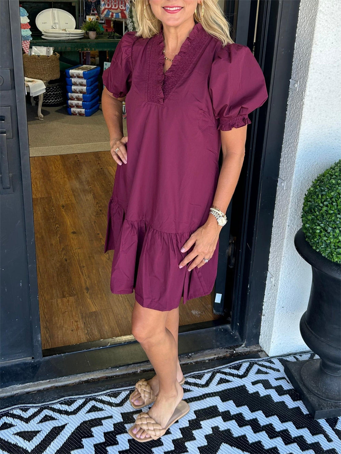 Women's V-Neck Puff Sleeve Henley Dress