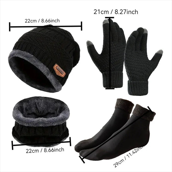 4-Piece Winter Warm Set – Fleece-Lined Knit Hat with Earflaps, Scarf, Gloves & Socks