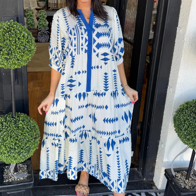 Women's Button V Neck Geometric Print Dress
