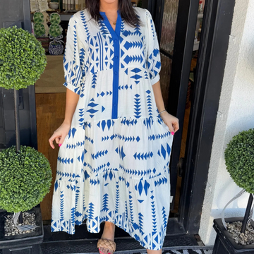 Women's Button V Neck Geometric Print Dress