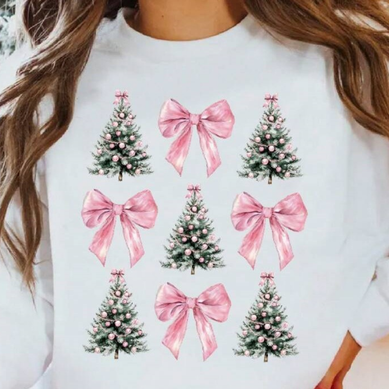 Women's Long Sleeve Sweatshirt with Christmas Tree and Bow Print