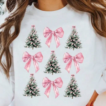 Women's Long Sleeve Sweatshirt with Christmas Tree and Bow Print