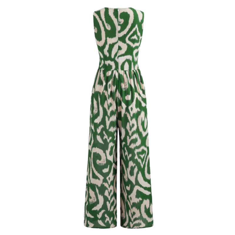 Woven V-neck Abstract Sleeveless Wide Leg Jumpsuit