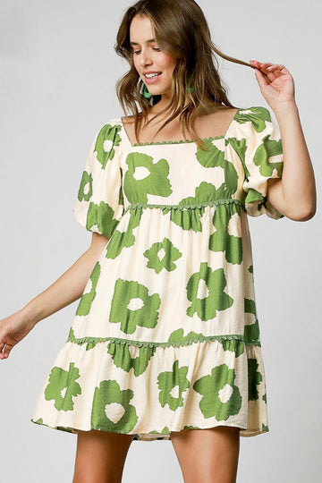 Contrast Floral Short Sleeve Babydoll Mini Dress