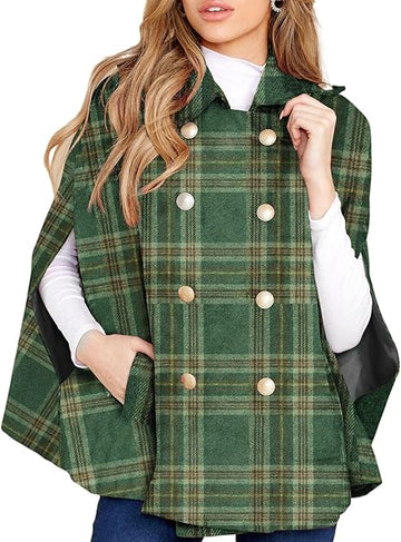 Women's Plaid Jacket Double Breasted Winter Cape Coats