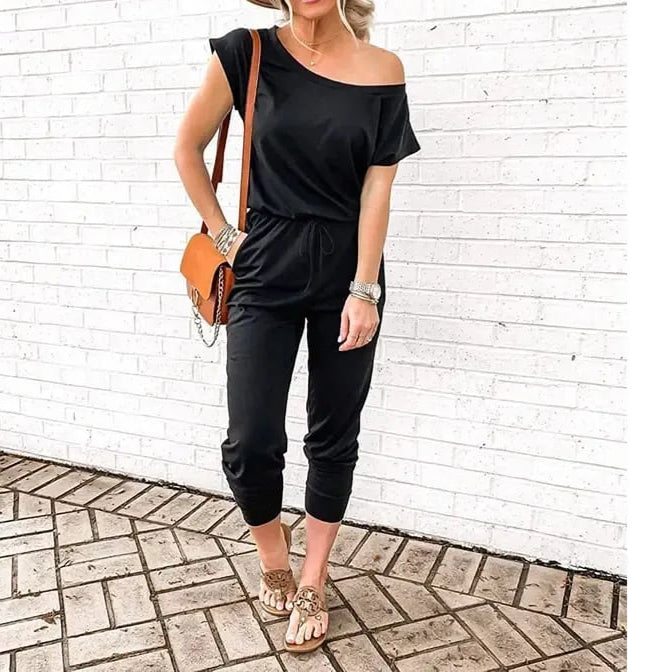 Women's Loose Solid Off Shoulder Elastic Waist Stretchy Long Romper Jumpsuit