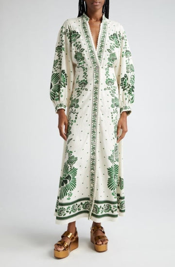 Loose Single Breasted V-Neck Lantern Sleeve Dress