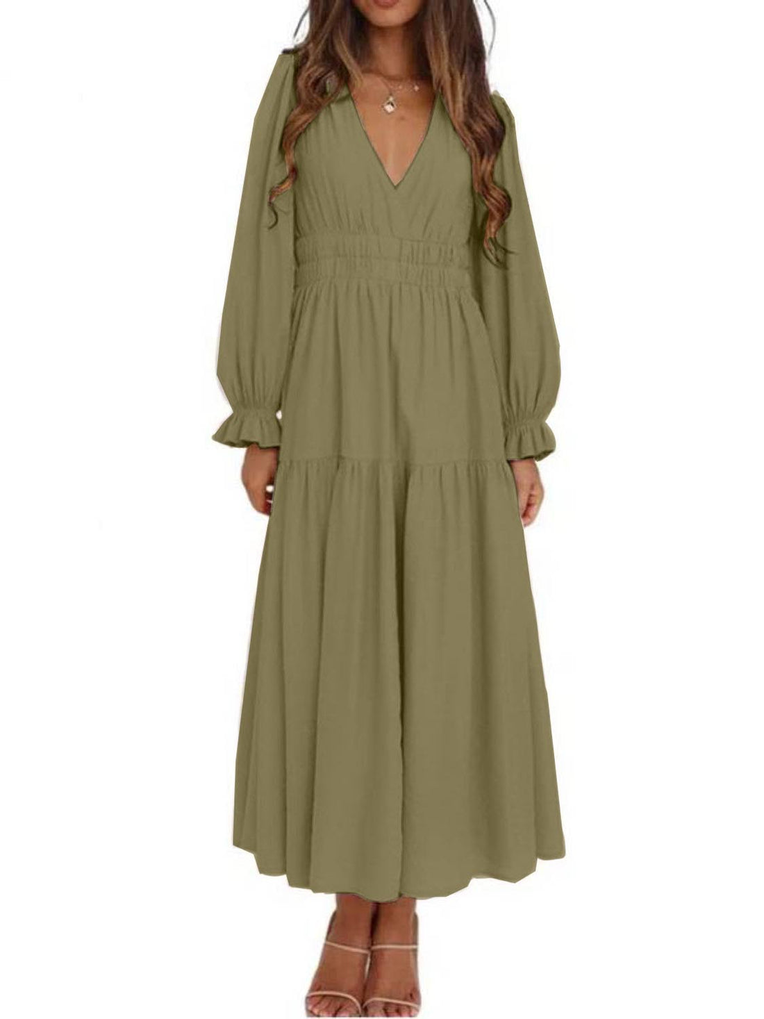 Women’s Deep V Neck Long Sleeve Elastic Waist Maxi Dress (Buy 2 Free Shipping)