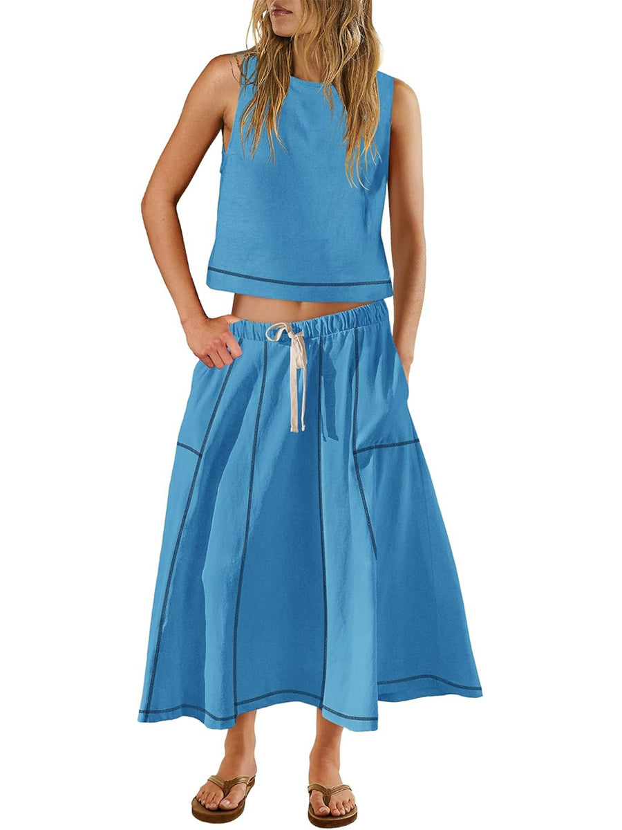 Women's Simple Fashion Sleeveless Top and Drawstring Skirt Two-Piece Set