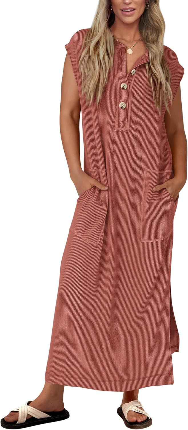 Women's Ribbed Henley Button Up Split Long Dress