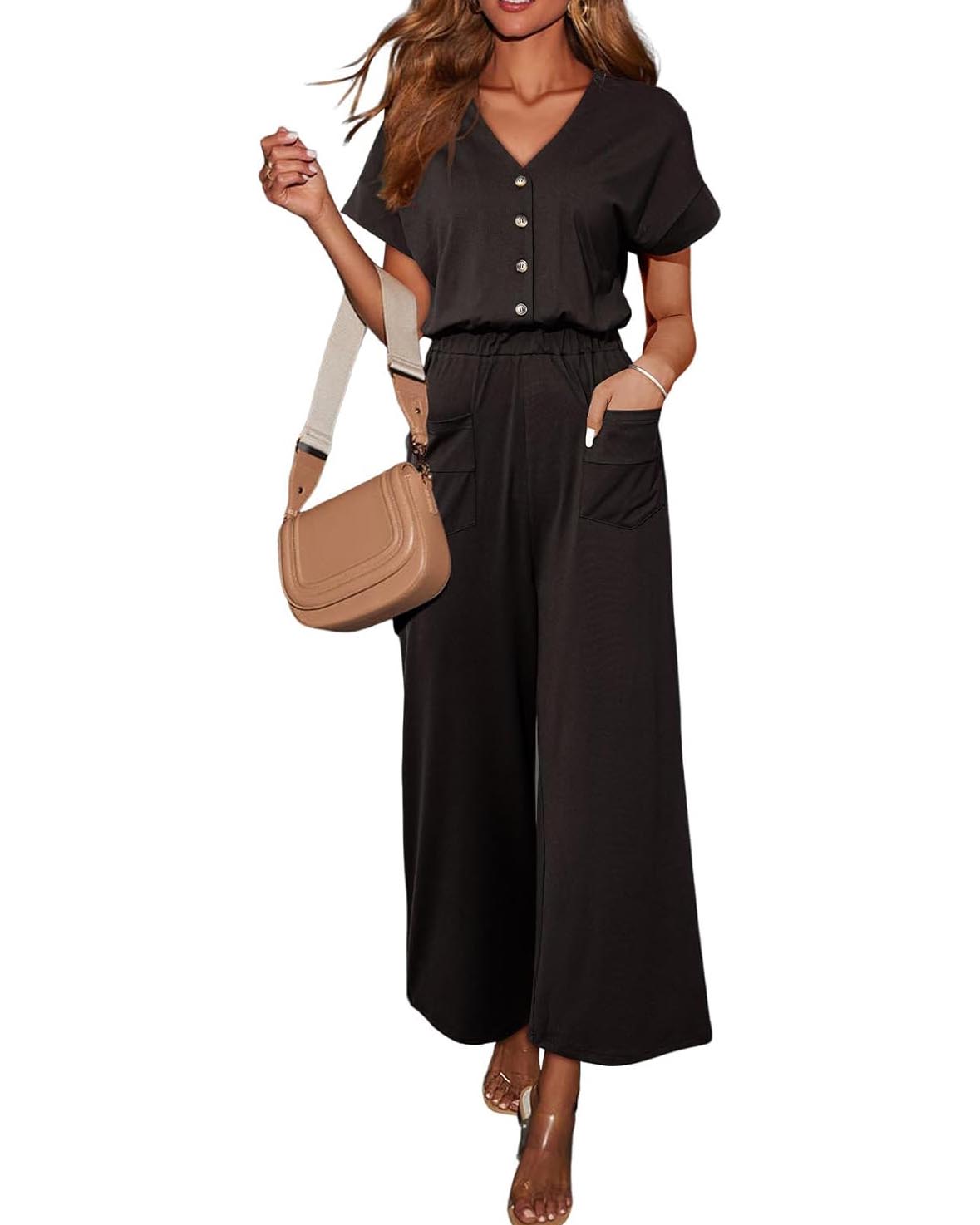 Women's Short Sleeves Button Down Wide Leg Jumpsuits with Pockets
