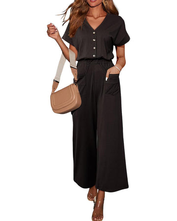 Women's Short Sleeves Button Down Wide Leg Jumpsuits with Pockets