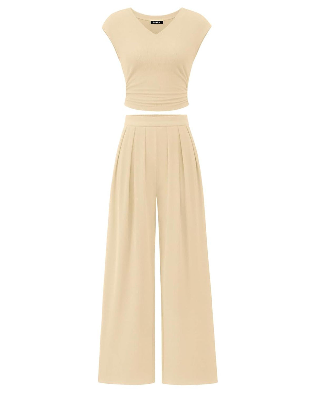 Women's casual ribbed knit suit V-neck short sleeve with wide-leg pants