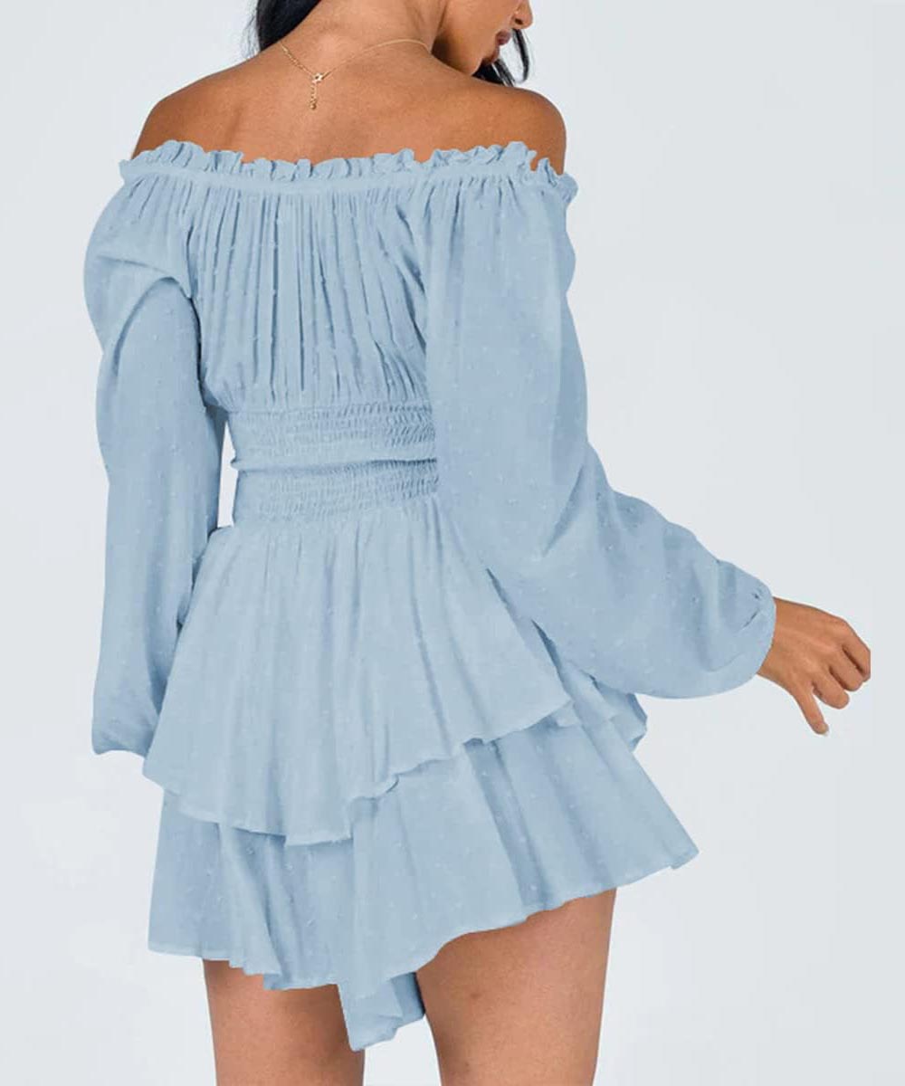Women's Off-the-shoulder Lantern Sleeves Ruffled Hem Mini Romper
