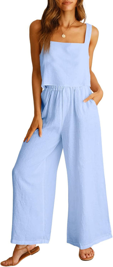 Women's Casual Linen Two-Piece Sleeveless Top and Wide-Leg Pants Set