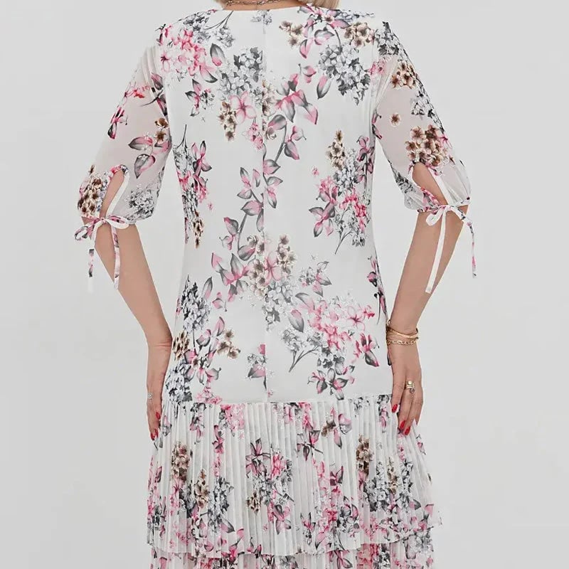 Elegant Chiffon Long Pleated Dress With Short Sleeves