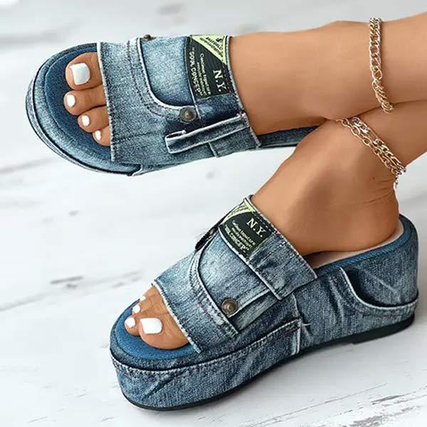 Women'S Denim Wash Cloth Platform Sandals And Slippers