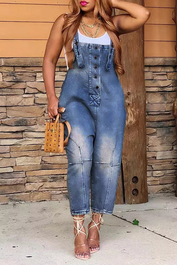 2025 Fashion Casual Designer Style Denim Suspender Jumpsuit