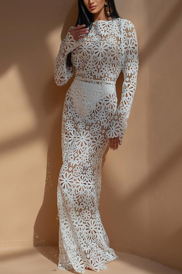 Lace Floral Pattern Backless Tie-up Maxi Dress