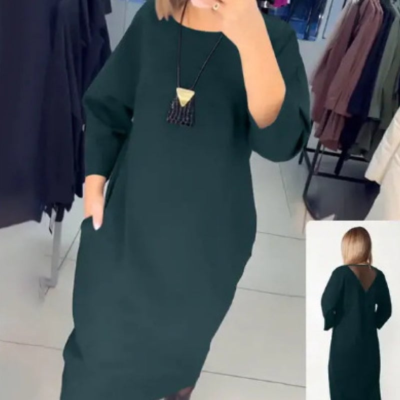 Women's Solid Color Pocket Round Neck Long Sleeve Dress
