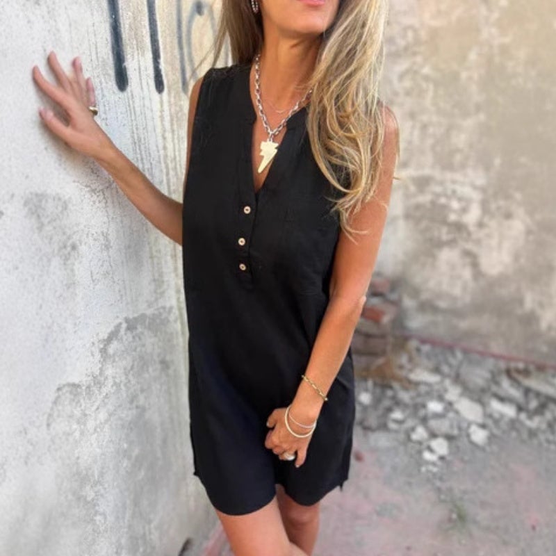 Cotton Linen Solid Color Button Pocket Deep V-neck Dress