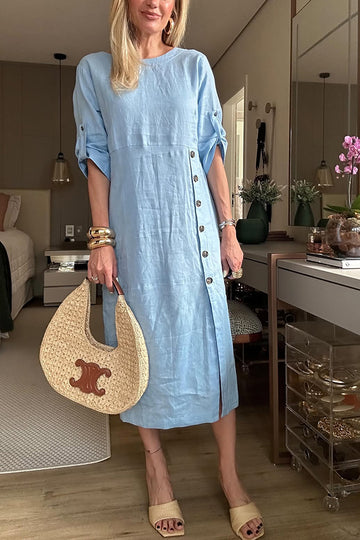 Linen Blend Half Sleeve Front Button Midi Dress