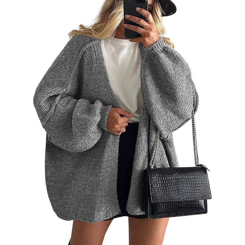 Fall Long Lantern Sleeve Knit Open Front Lightweight Sweater Knitwear Tops