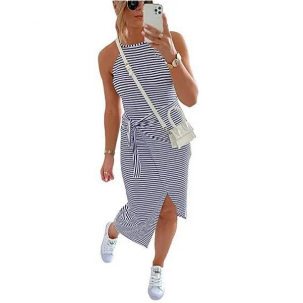 Vacation Casual Sleeveless Striped Midi Dress