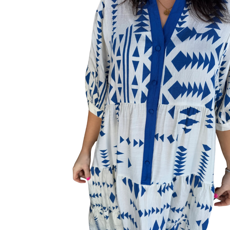 Women's Button V Neck Geometric Print Dress