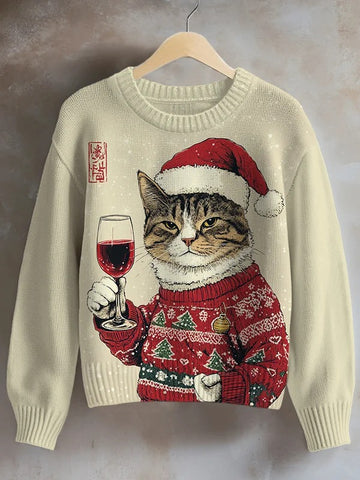 Santa Cat Red Wine Sweater - Chic Festive Cat Lovers Knit