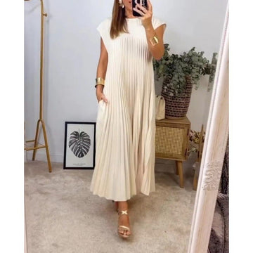 Elegant Fashion Round Neck Sleeveless Pleated Long Dress