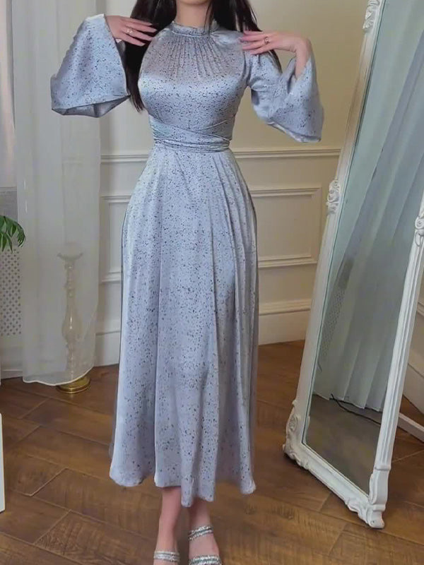 Ladylike Lace-up Long-sleeved Printed Dress