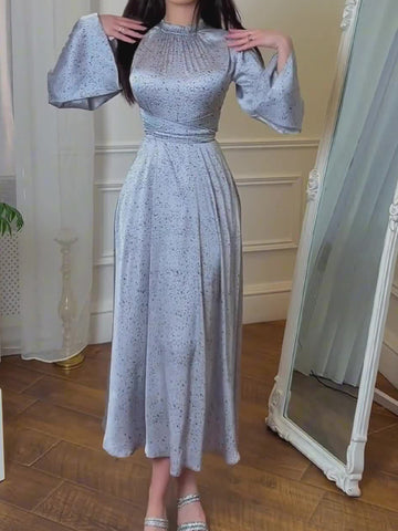 Ladylike Lace-up Long-sleeved Printed Dress