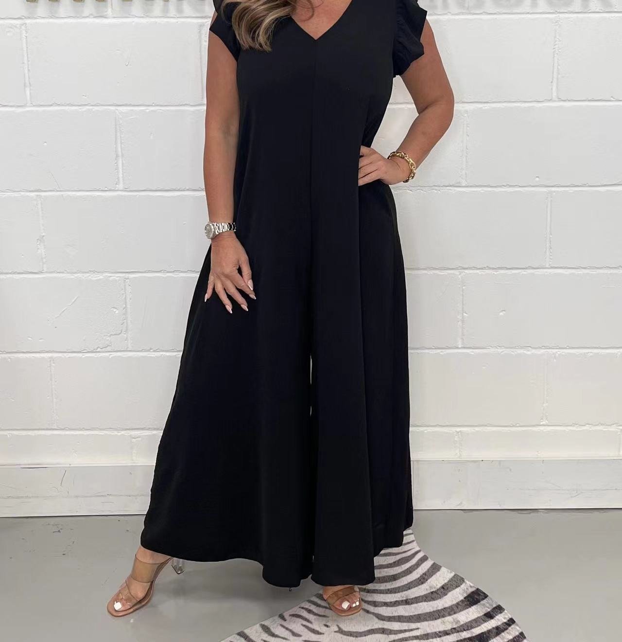Ruffled Sleeve Wide Leg Casual Jumpsuit