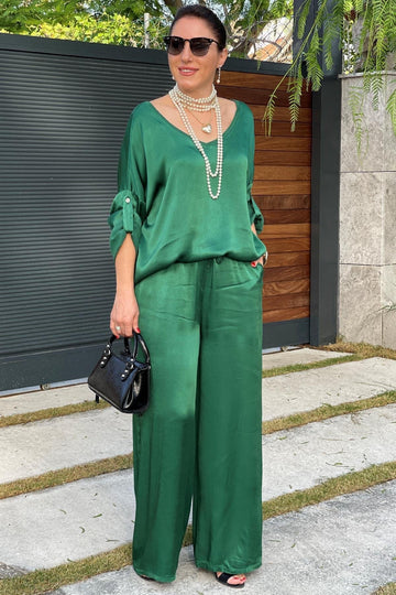 Oversized V-neck Casual Satin Two-Piece Set