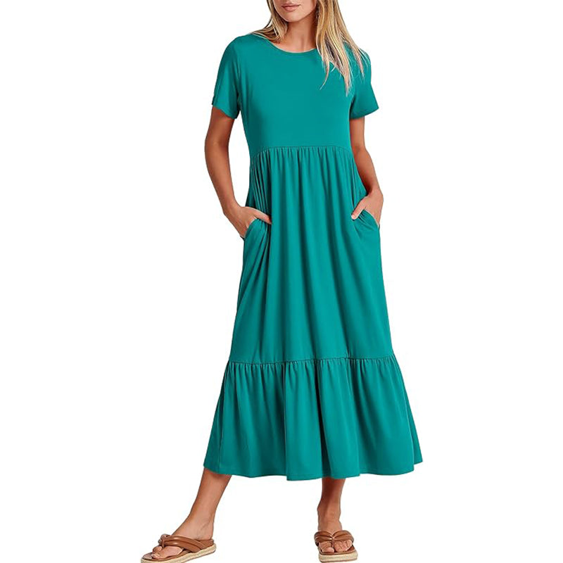 Women's A line Tiered Flowy Short Sleeve T Shirt Long Casual Maxi Dress