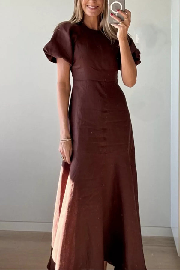 Della Linen Blend Short Sleeve Fitted Waist Maxi Dress