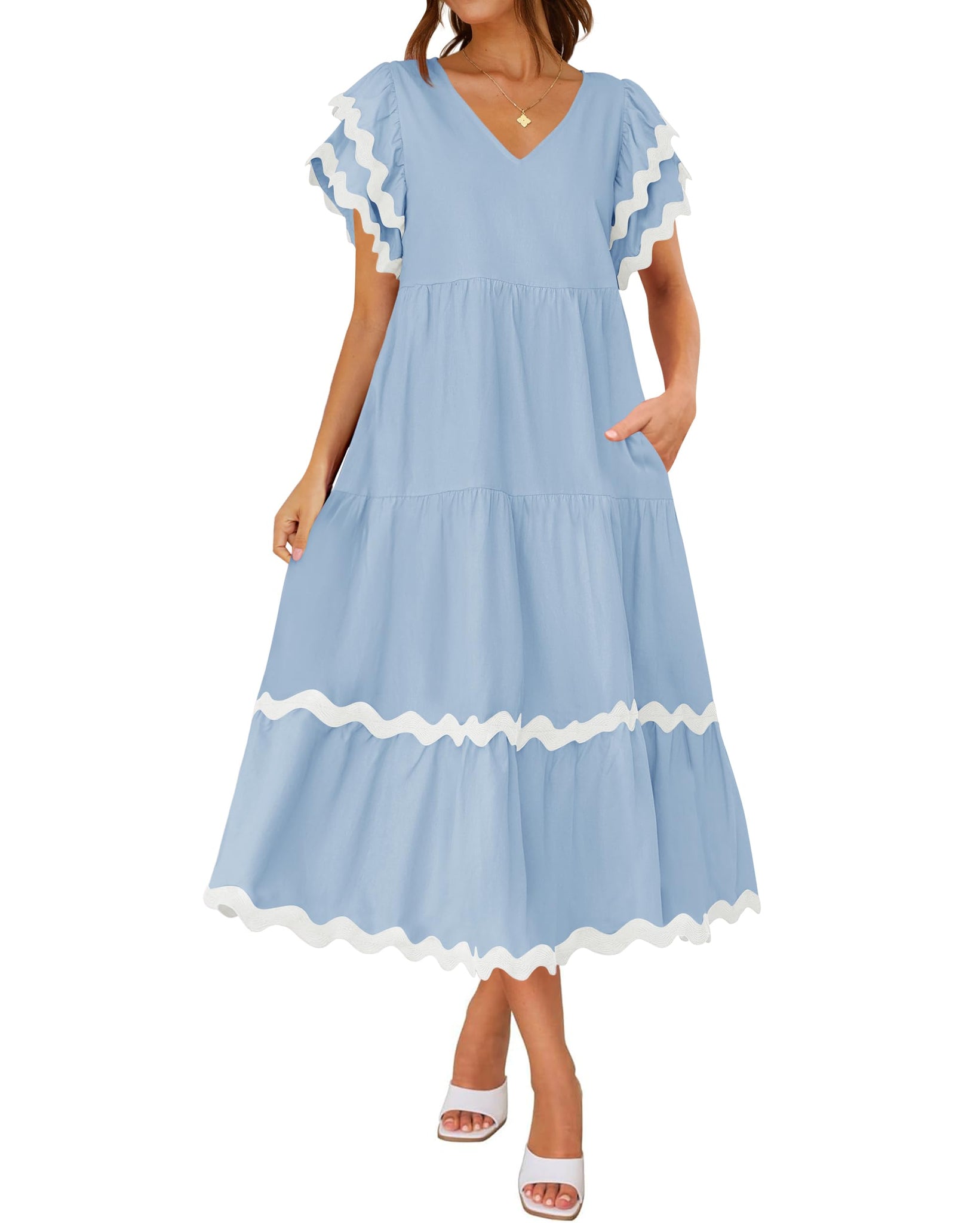 Women V Neck Cap Sleeve Flowy Beach Midi Dress With Pocket