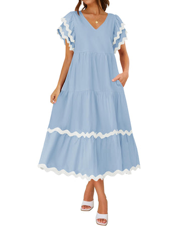 Women V Neck Cap Sleeve Flowy Beach Midi Dress With Pocket