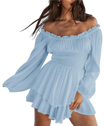 Women's Off-the-shoulder Lantern Sleeves Ruffled Hem Mini Romper