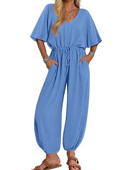 Short Sleeve V Neck Drawstring Waist Romper with Pockets
