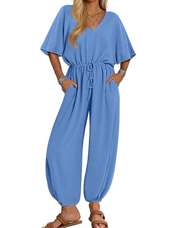 Short Sleeve V Neck Drawstring Waist Romper with Pockets