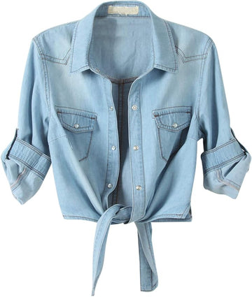 Women's Roll Up 3/4 Sleeve Tie Front Knot Shirt Chambray Denim Crop Top