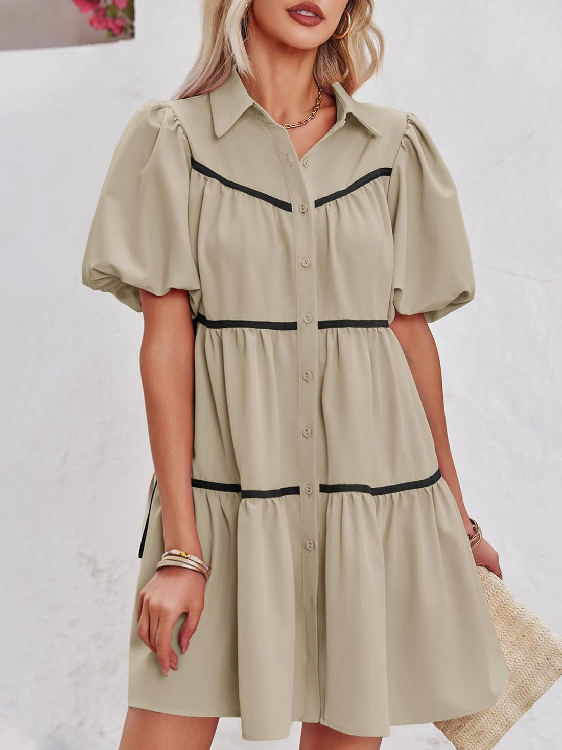 Women's Summer Puff Sleeve Casual Short Shirt Dress