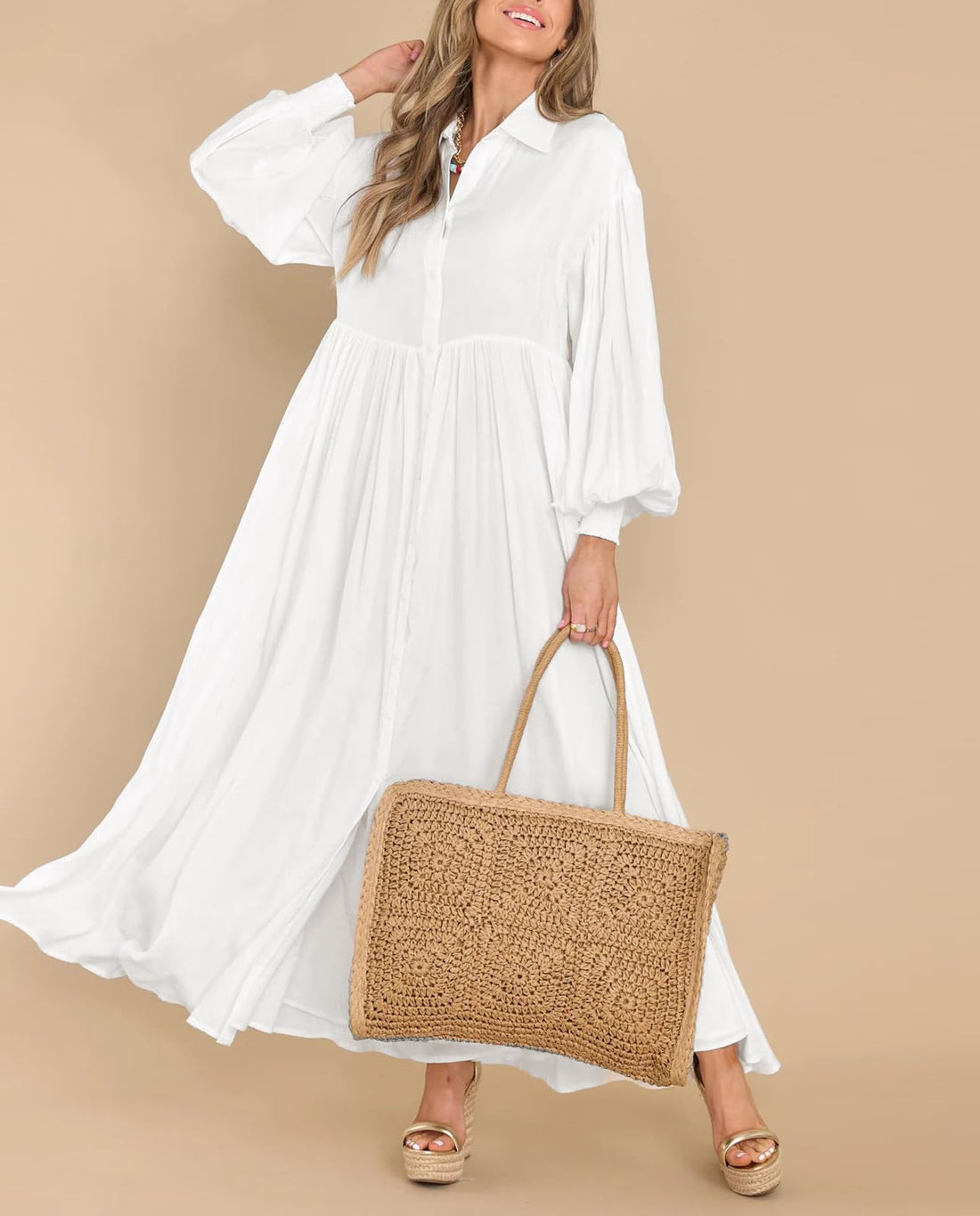 Women's Casual Long Sleeve Button Down Shirt Dress