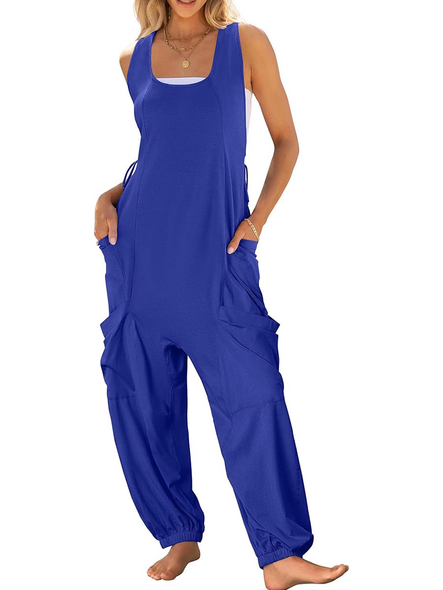 Women's Casual Drawstring Sleeveless Loose Jumpsuit with Pockets