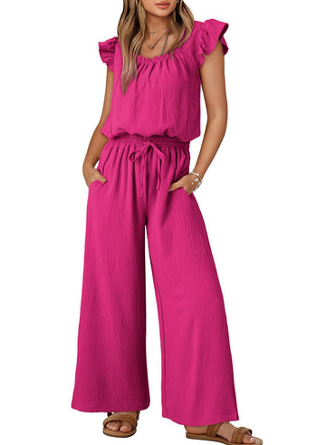Women's Summer Ruffle Sleeves Square Neck Drawstring Overalls with Pockets